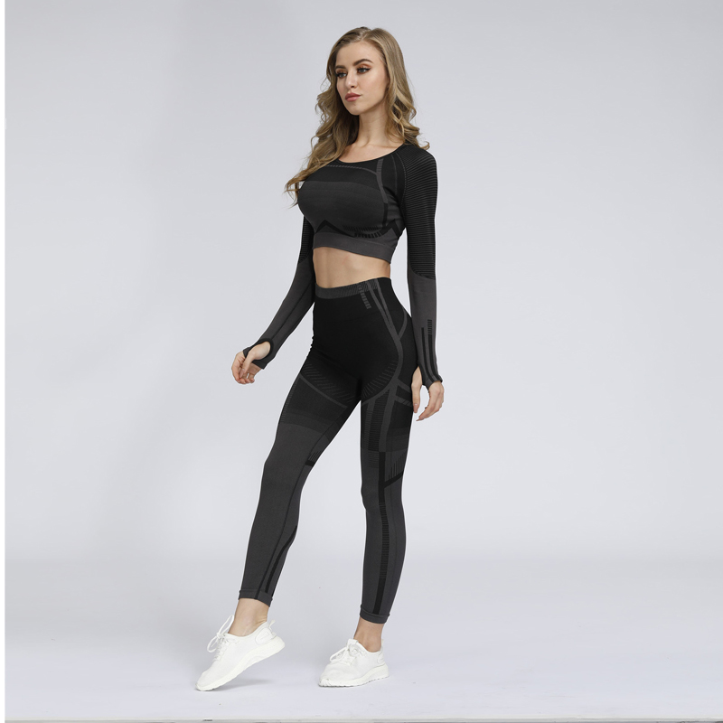 

Yoga Set Women Fitness Clothing Sportswear Long Sleeve Crop Tops+High Waist Sport Leggings 2Pcs Suits, Black