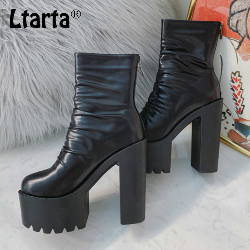 

LTARTA Autumn and Winter Boots Chunky-Heel Platform Heels Short Boots Black White Color Casual Fashion Shoe -V1888-29