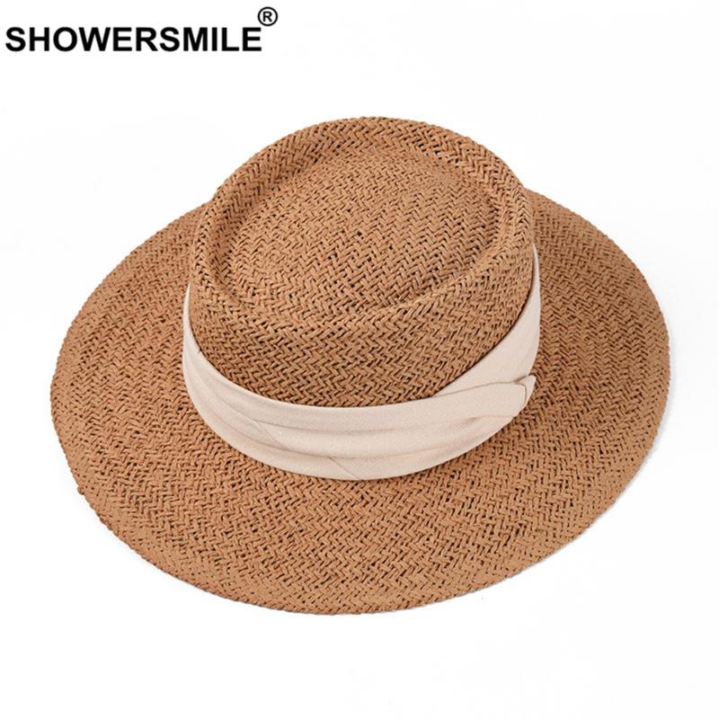 

SHOWERSMILE Women Straw Hat Summer Flat Brim Cap Ladies Beach Panama Hat High Quality Korean Fashion Sun Hats for Women, Black
