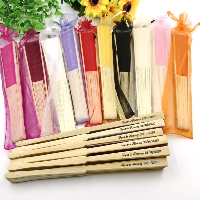 

45PCS Wedding Fan Favors Custom Printing Bride&Groom's Name and Date Portable Hand Gift Fan in Yarn Bag Party Supplies