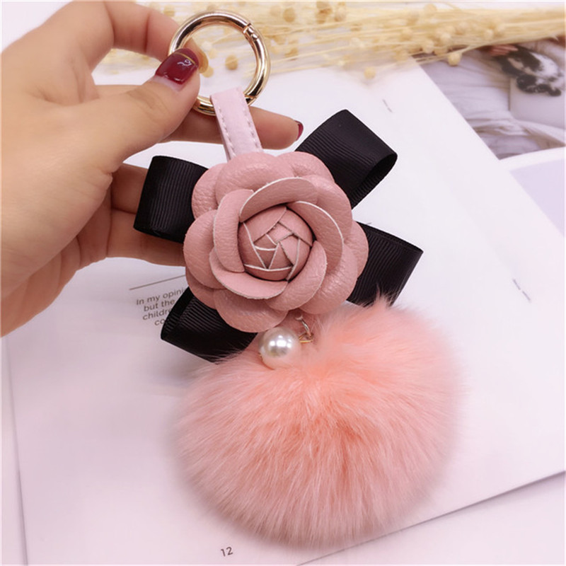 

Korea Creative Bow Camellia Keychain Bag Pendant Lady Fur Ball Keyring Car Keychain Pendant Fashion Ornament