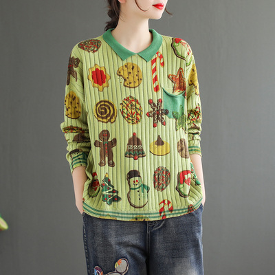 

Women Sweater Autumn Winter Retro Loose All-match Tops 2020 Ladies New Print Character Casual Sweater Pullovers Tops, Gray