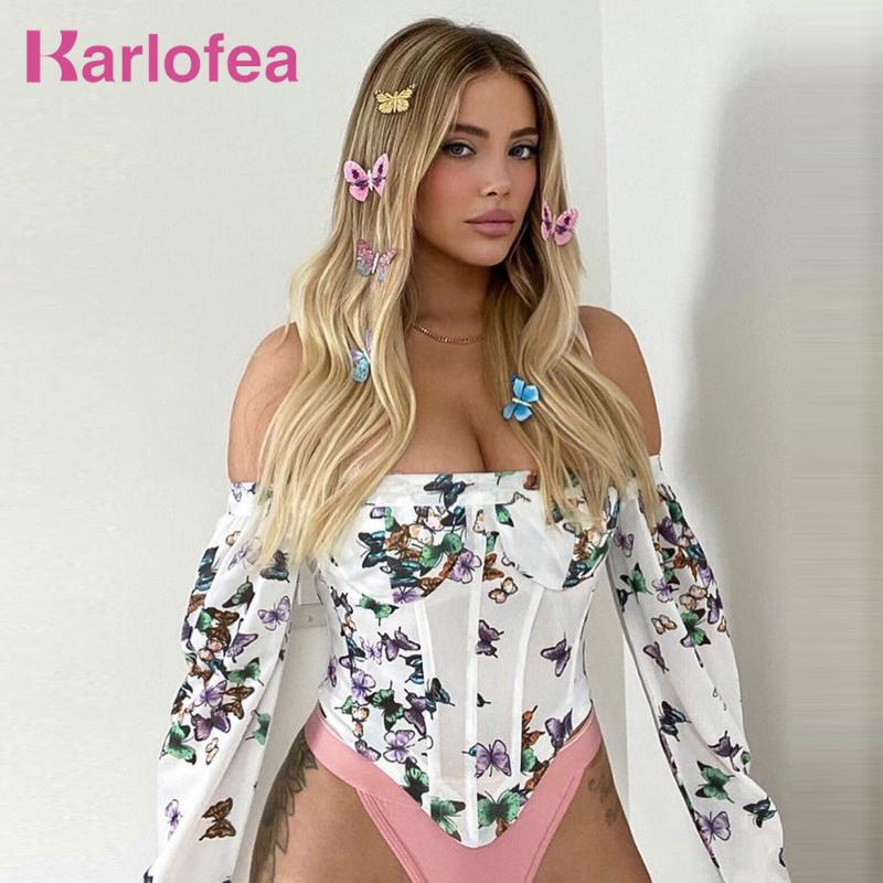 

Kealofea Mesh Butterfly Print Blouses Women Sexy Boning Corset Tops Streetwear Summer Long Sleeve Push Up Padded Bustier Shirts