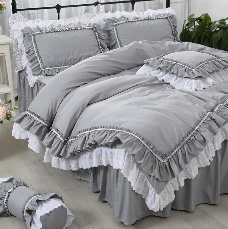 

European fashion grey bedding set girl,  full queen king cotton single double home textile bed skirt pillow case quilt cover, Picture color