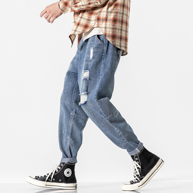 

iSurvivor 2020 new Japanese style ripped jeans loose American trend straight pants men's casual trousers, Blue