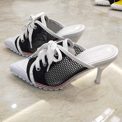 

Summer Women's Shoes Sexy Fashion Trend Semi-slippers Mesh Pointed Toe Straps Fine Heel Non-slip Women's Sandals 8cm Slippers, Yellow