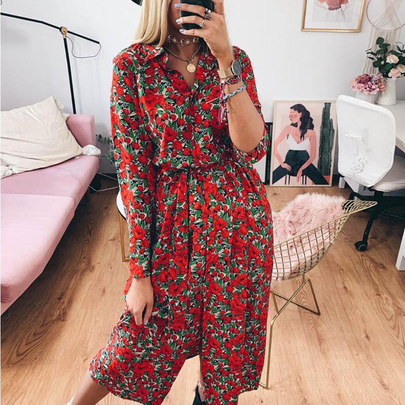 

Autumn Dress Women Long Sleevel Floral Printed Boho Dress Elegant Casual Female dresses Evening Party Beach Sundress Vestidos #Z, Red