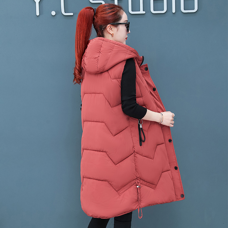 

Korean Style Women's Winter Long Vest Solid Hooded Slim Oversized Thick Coats Sleeveless Stand Collar Covered Button Outwear, Beige