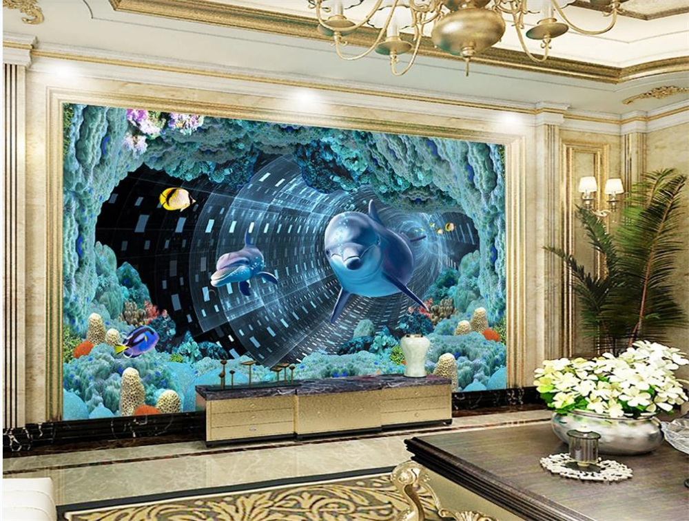 

3d murals wallpaper for living room Dolphin wallpapers TV background wall decoration painting beautiful scenery wallpapers, Blue