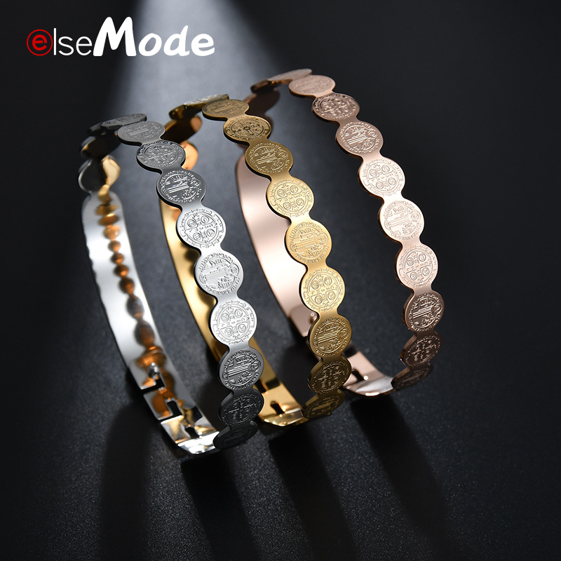 

ELSEMODE St Benedict Bracelets & Bangles Women amulet Titanium Steel High Polished Catholic Church Cross Bangle Jewelry Gift
