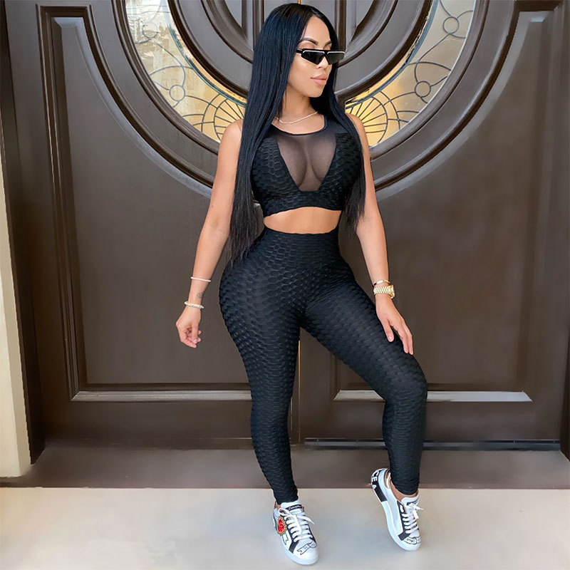 

Women' Cropped Top Sports Pants Suit Elastic Home Gym Mesh Wear Solid Color Tight Pants Yoga Causal Sportswear, As pic