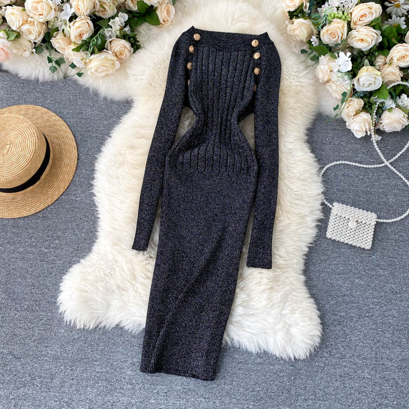 

Amolapha Women Vintage Fil-Lumiere Buttons Knit Dress Vestidos Long Sleeve Solid Shiner Dresses for Elegant Woman, Black