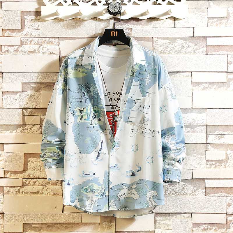 

Men Hawaiian Shirt Long Sleeve Floral Print Mens Dress Formal Shirts Camisa Social Masculina Men Casual Slim Fit Tops Shirt 5XL, Blue