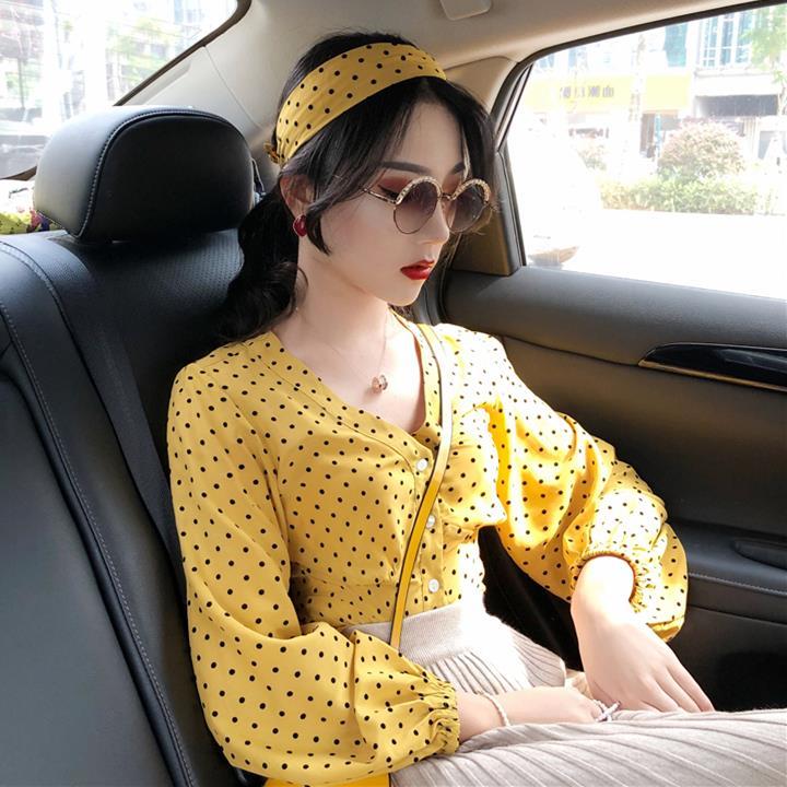 

New Fashion Women Polka Dot Print Blouse Shirts Office Lady Casual V-Neck lantern Sleeve Blouses Vintage Female Chic Short Tops, Red