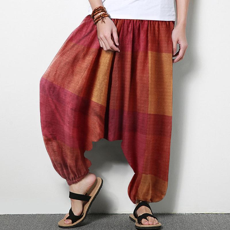 

INCERUN Men Harem Pants Cotton Joggers Elastic Waist Plaid Casual Drop Crotch Trousers Men 2020 Streetwear Chic Loose Pantalon, Blue