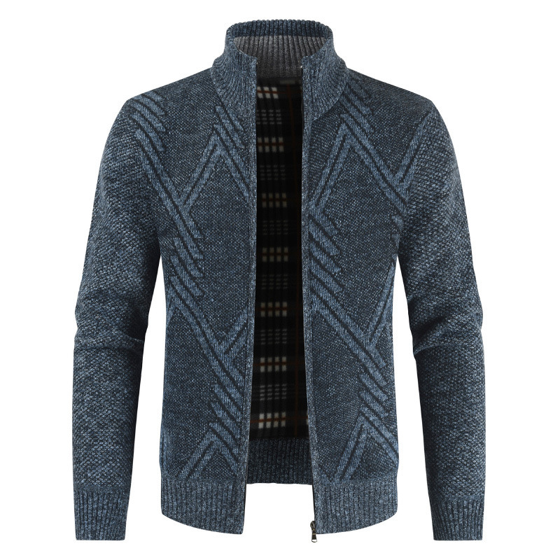 

Men's Mandarin Collar Cotton Cardigan Patchwork Zipper Long Sleeve Slim Fit Warm Thick Jacket Knitted Casual Male Sweater Coats, Brown