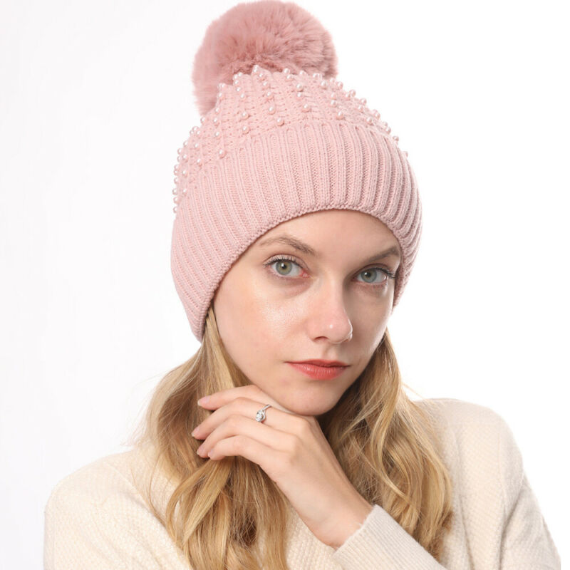 

7 Colors New Fashion Women Ladies Warm Winter Knitted Crochet Ski Cap Baggy Beanie Slouchy Pom Thermal Hats with Pearl Decor, White