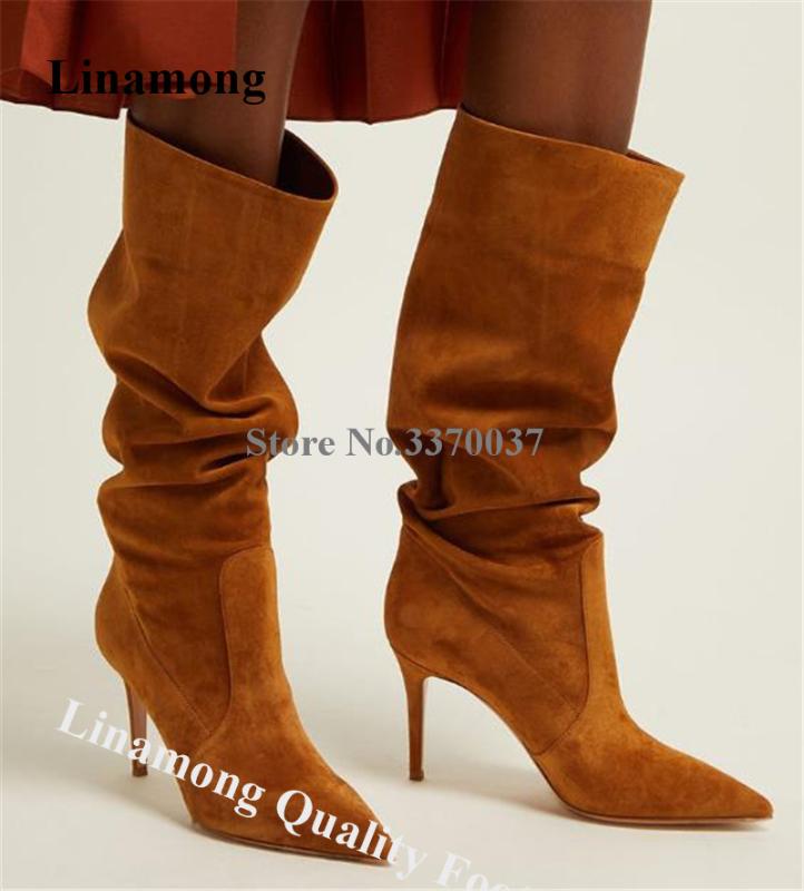 

Linamong Fashion Pointed Toe Stiletto Heel Knee High Loose Boots Sexy Slip-on Brown Black Suede Leather High Heel Boots, Customize colors