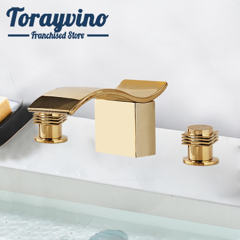 

Waterfall Spray Taps Combo Gold Brass Golden Deck Mounted Wash Basin Bathroom Faucet Set Double Handle Faucet Hot & Cold Mixer