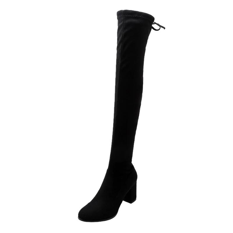 

Long Boots Fashion Pure Color Round Toe Zipper Over-the-Knee Boots Square root Heels Vintage Stretch Fabric Platform Women, Black