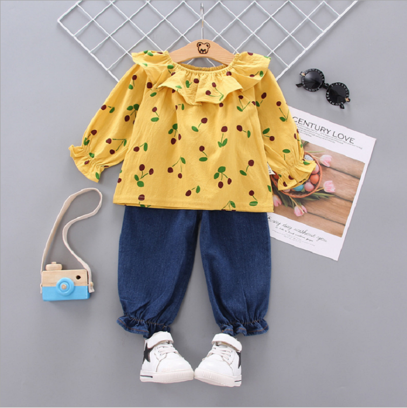 

Fashion autumn suit female baby 3/4 sleeve printed cherry children's clothing girl casual cute hooded cotton female suit, Pink