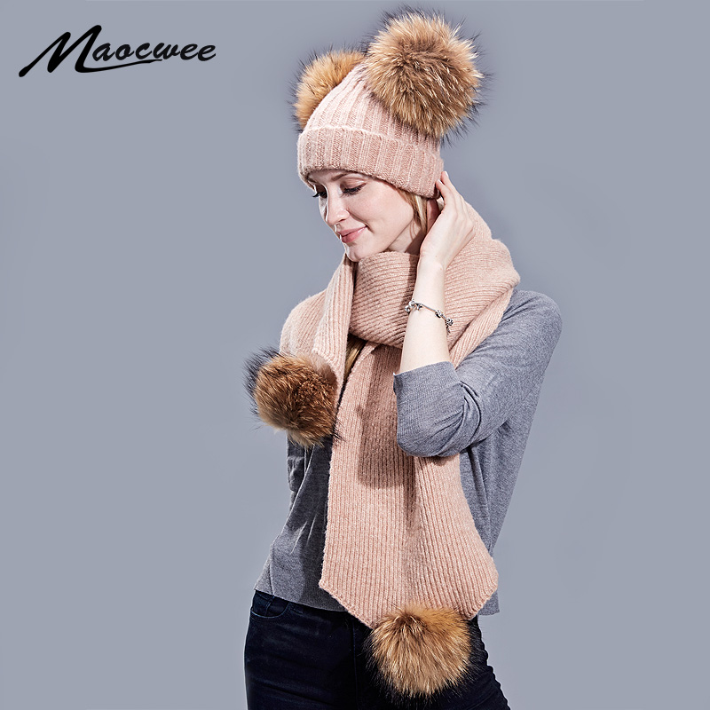 

Parent-child Fur Pompon Hat Autumn Winter Two-piece Scarf Set Women Crochet Knitted Wool Beanies Caps With Natural Fur Outdoor