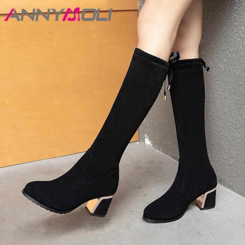 

ANNYMOLI Knee High Boots High Heel Woman Boots Chunky Heel Long Lace Up Slim Stretch Shoes Ladies Autumn Winter Black 43, Black synthetic lin
