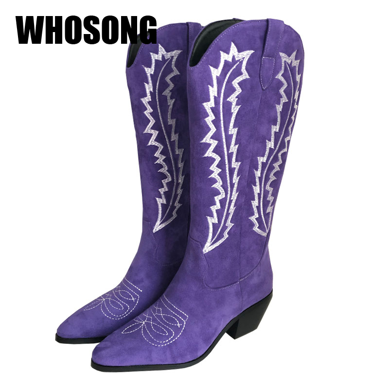 

New Women Boots Girls Motorcycle Botas Purple Flats Woman Knee High Boots Ladies Round Toe Shoes Female Soft Brand Fashion