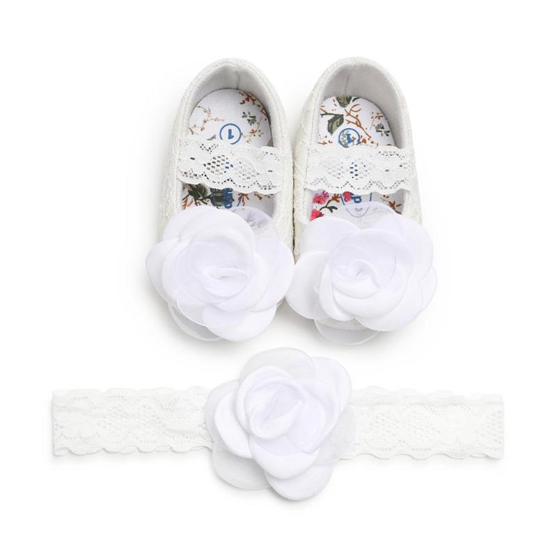 

Cute Baby Princess Girls Lace Prewalkers with flower + Headband 2PC soft bottom Shoes set, White shoes only