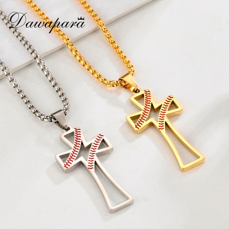 

Dawapara Vintage Hollow Latin Cross Men Necklace Baseball Pattern Pendant Necklaces Golden Stainless Steel Jewelry