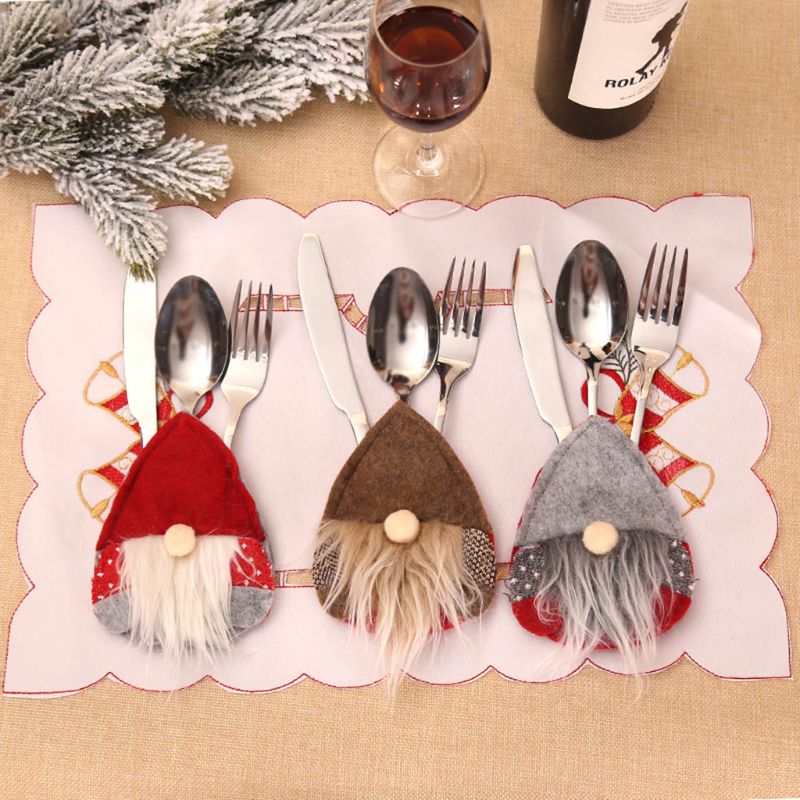 

New 3pcs/set Fork Knife Cutlery Holder Silverware Tableware Bag Swedish Santa Gnome Home Christmas Party Table Dinner Decor