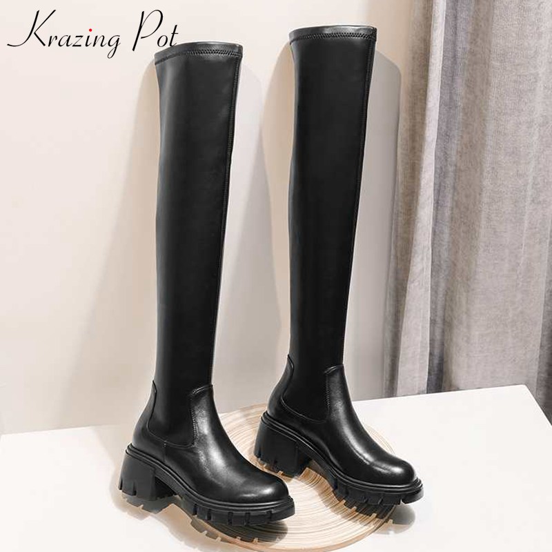 

krazing pot simple style popular cow leathe stretch boots round toe high heels winter women keep warm solid thigh high boots L10, Black cow leather
