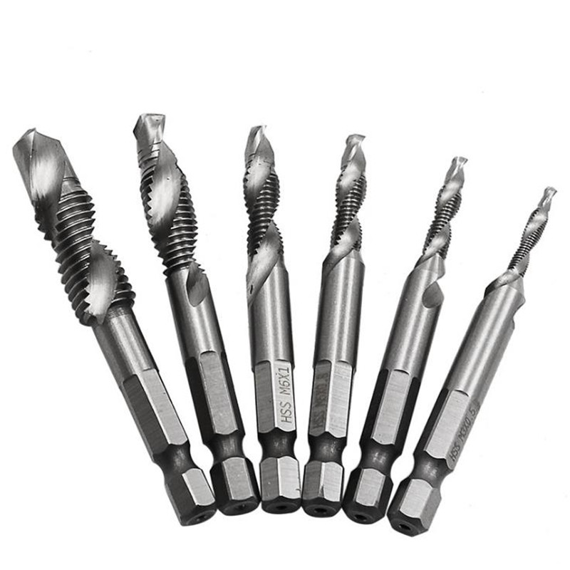 

6pcs M3-M10 Screw Tap Drill Bits Hss Taps Countersink Deburr Set Metric Combination Bit High Speed Steel 1/4 IN Hex
