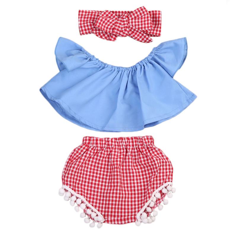 

Girl Set 0-24M 3Pcs Toddler Baby Kids Girl Clothes Off Shoulder T-shirt+Short Pants Outfits Set 2020, Blue