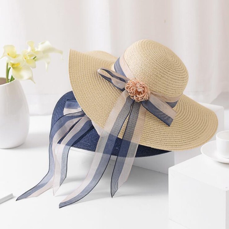 

Seioum New female flower streamer big brim straw hat Fashion foldable accessories shade straw hat