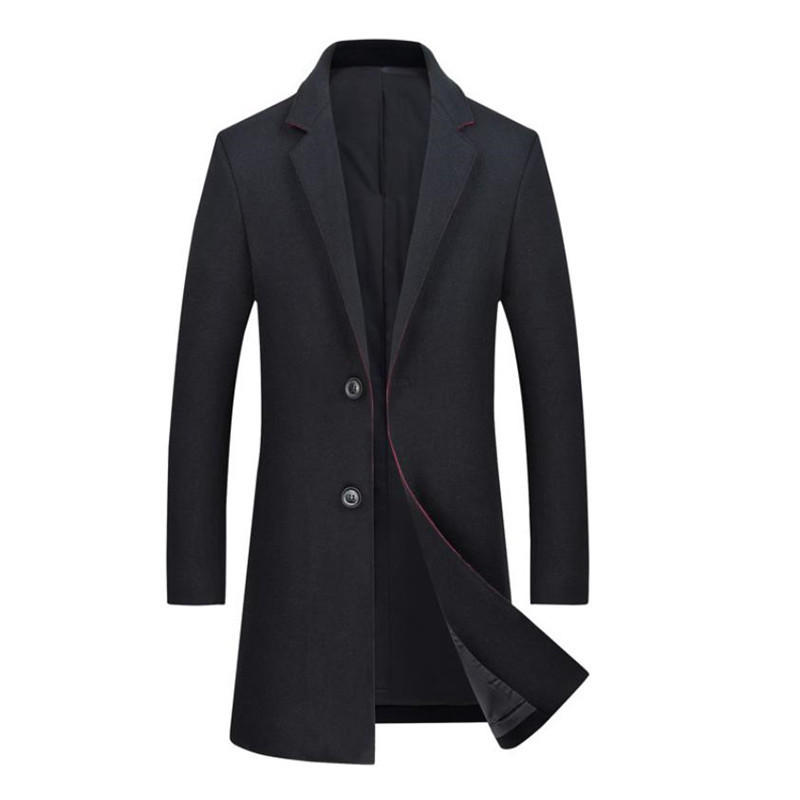 

New High grade Autumn and Winter men's woolen coat solid color business casual windbreaker long coat Overcoat, Black