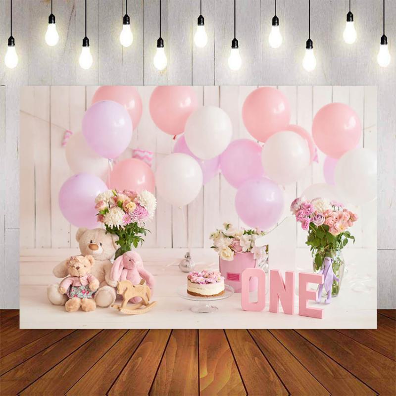 

1st Birthday Photography Background Birthday Party Balloon Flowers White Toy Bear Backdrop Decor Photocall Backdrop Photo Studio
