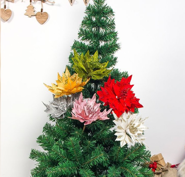 

Artificial Flower Head Poinsettia Silk Flower Fake DIY Christmas Tree Decoration Home Wedding Party Xmas Decor, Green