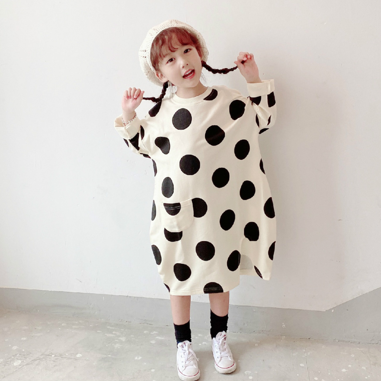 

New Baby Sweatershirt Dress Kids Midi Dress 2020 Fall Children Clothes Girls Polka Dot Todder Christmas Dress Cotton, Beige