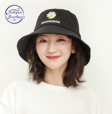 

2020 Spring women Bucket fishing Hats Sunscreen sun cap embroidery little daisies and Letters Spring lady fisherman hat, Black