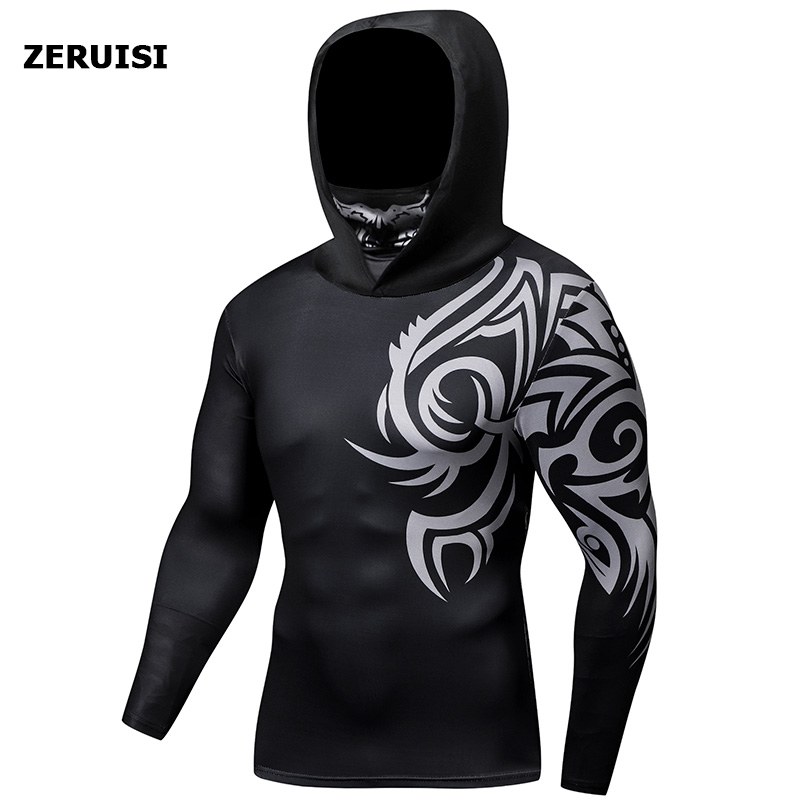 

Autumn New Men's Hooded with Mask Tight Long Sleeve Fitness Cycling Jogging Sportswear Quick-dry Compression T-shirt hoodies Jersey Tops, Lmj-02