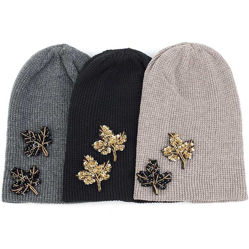 

Autumn Winter Warm Women Tree Beads Rhinestones Knitting Slouch Hats Caps Female Soft Cotton Wool Baggy Ribbed Beanies Hats, Black gold dark gray