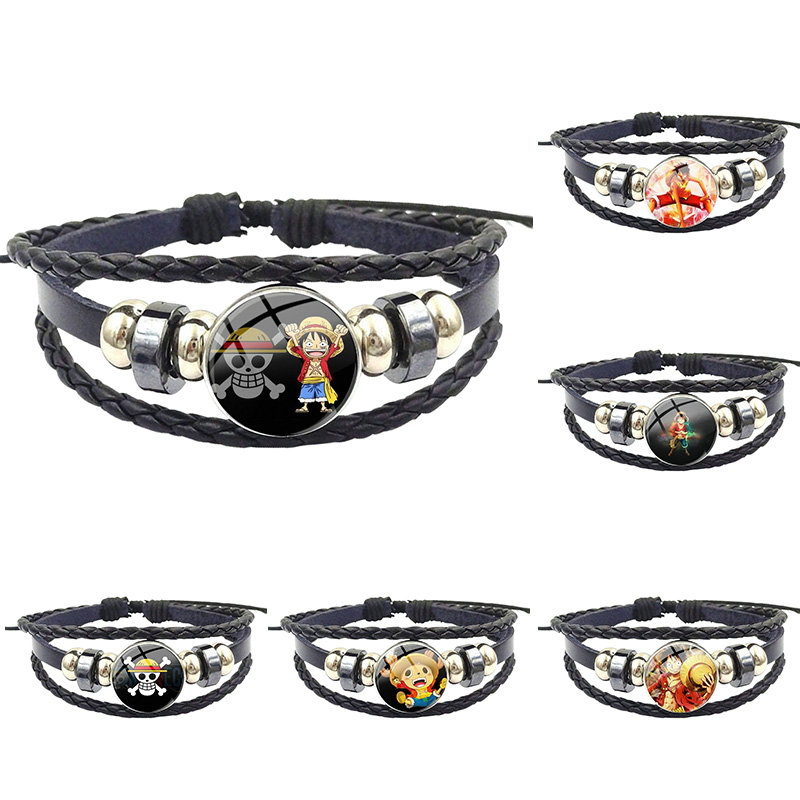 

For Women Girls Handmade Honeybee Ladies Glass Black Leather Bracelet Bangle One Piece Monkey D Luffy