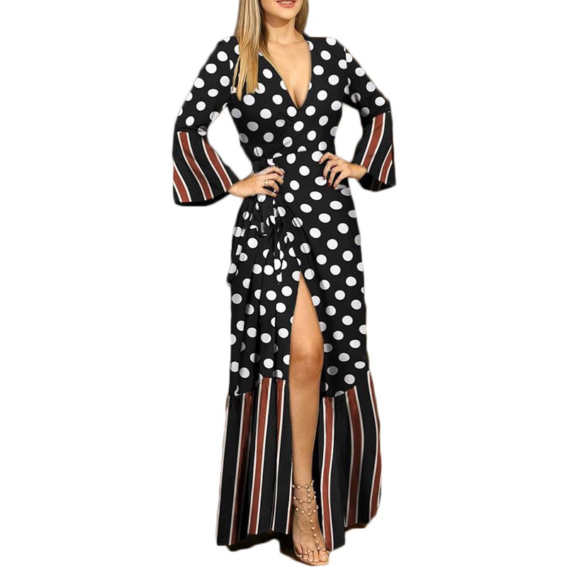 

Fashion Maxi Dress Plus Size Print Dots Or Leopard Sexy V-neck Long Flare Sleeve Bandage High Waist Autumn Women Dress Vestidos, Photo color
