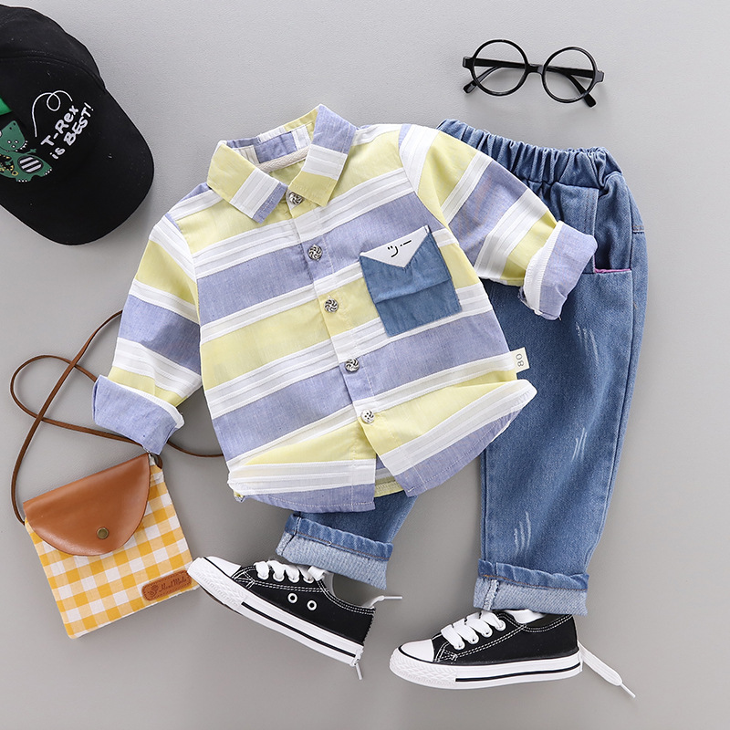 

New born clothes children clothing gentleman baby boy striped shirt+jeans fashion baby boy, Light blue