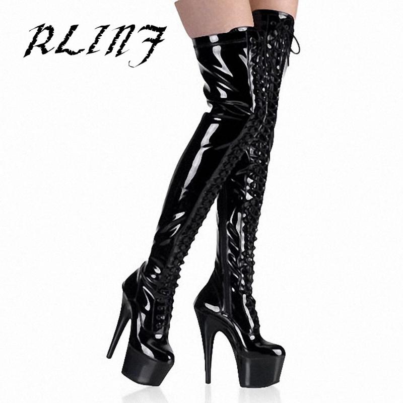 

2020 New Taste Nightclub Black Patent Leather Temptation Over The Knee Boots 15cm High with Waterproof Platform