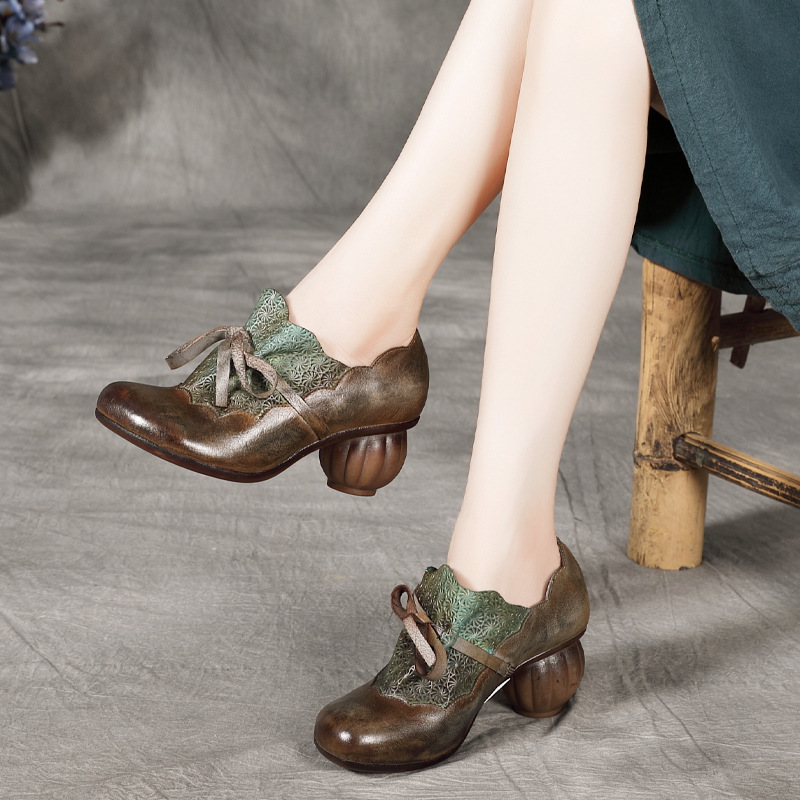 

High Heels Women Leather Pumps Gray Autumn Shoes For Women Handmade Genuine Leather Soft Pumps Embroidery Shoes Retro2020