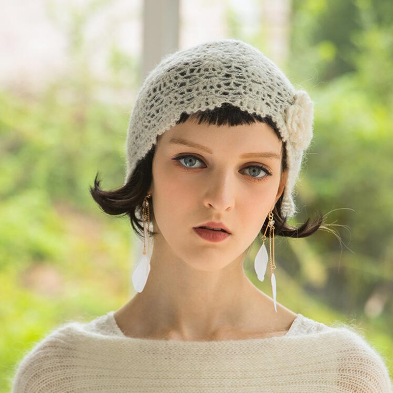 

Spring Autumn Leisure Beanie Hat Women Flowers Sweet Wool Ladies Skullies Caps Female Korean Fashion Knitted Beanies Cap H6776, White