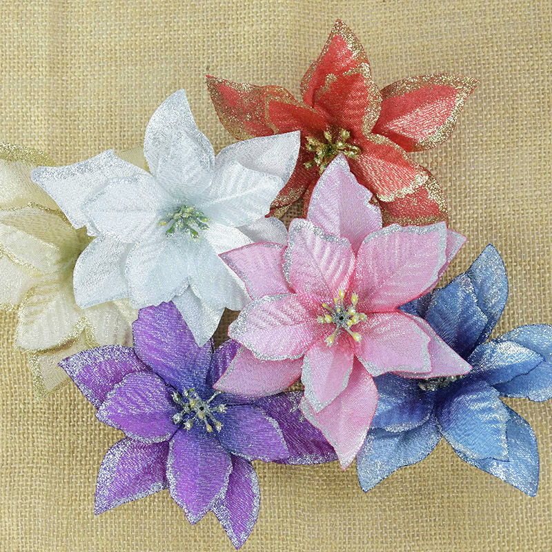 

10Pcs Glitter Artificial Cloth Flower Head For Christmas Tree Ornaments DIY Home Wedding Xmas Party Decoration Flower, A01