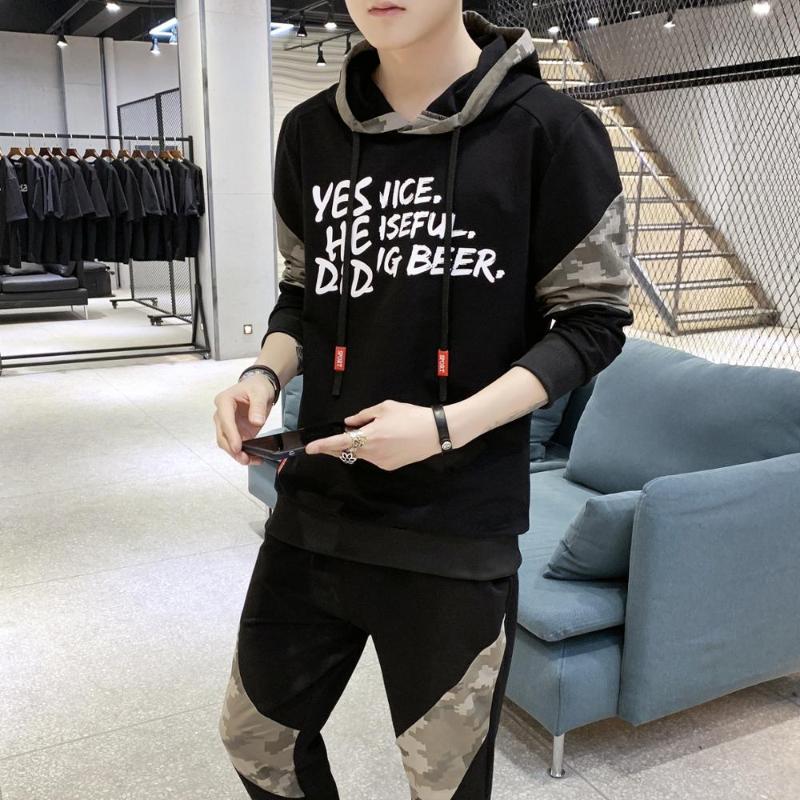 

Causal Splicing Contrast Sets Camo Tops+Pants 2Pc Tracksuit Sportwear Hoodies Sweatshirt &Pant Suit Trainingspak Heren Men, Other